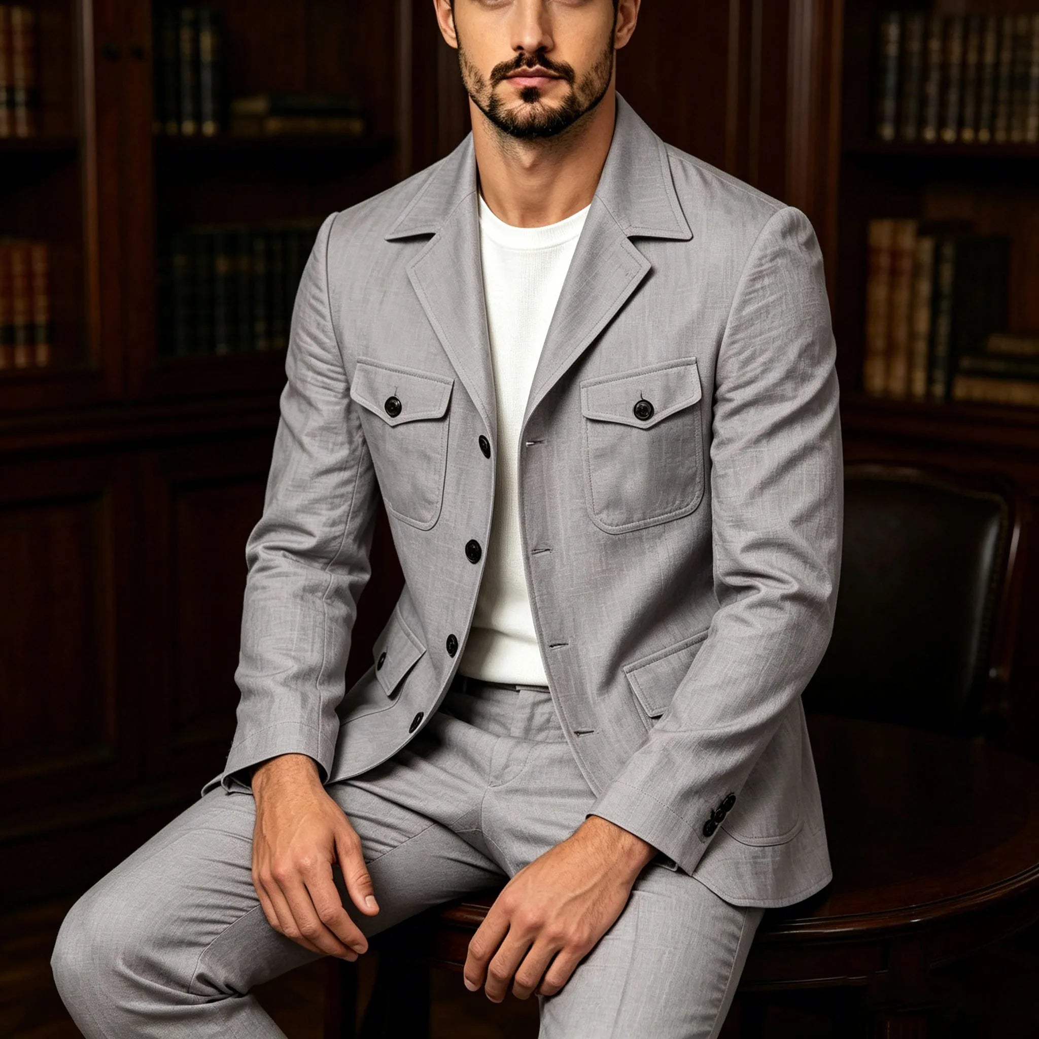 Men's Grey Linen Blend Suit 2 Piece Multi Pocket Peak Lapel Blazer pants Set Lightweight formal Suit for Summer Business Casual