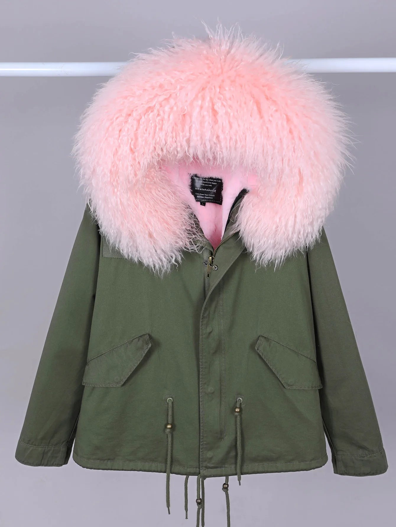 2025 MAOMAOKONG Women's Winter Parka Jacket with Natural Real Wool Fur Pink Collar Removable plush lining Coat Women's Outerwear
