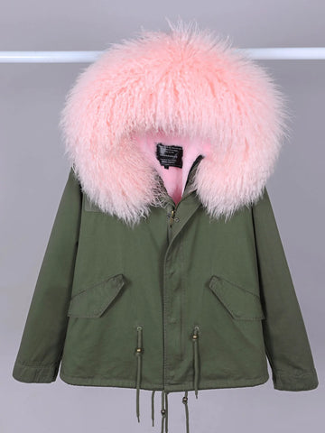 2025 MAOMAOKONG Women's Winter Parka Jacket with Natural Real Wool Fur Pink Collar Removable plush lining Coat Women's Outerwear