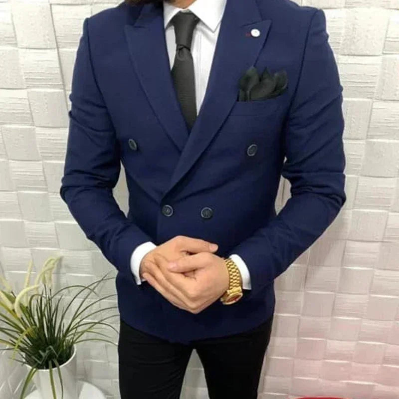 2 Piece Blue Jacket Black Pant Double Breasted Elegant Men Suits Casual Slim Fit Blazers High Quality Custom  Set Costume Homme