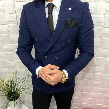 2 Piece Blue Jacket Black Pant Double Breasted Elegant Men Suits Casual Slim Fit Blazers High Quality Custom  Set Costume Homme