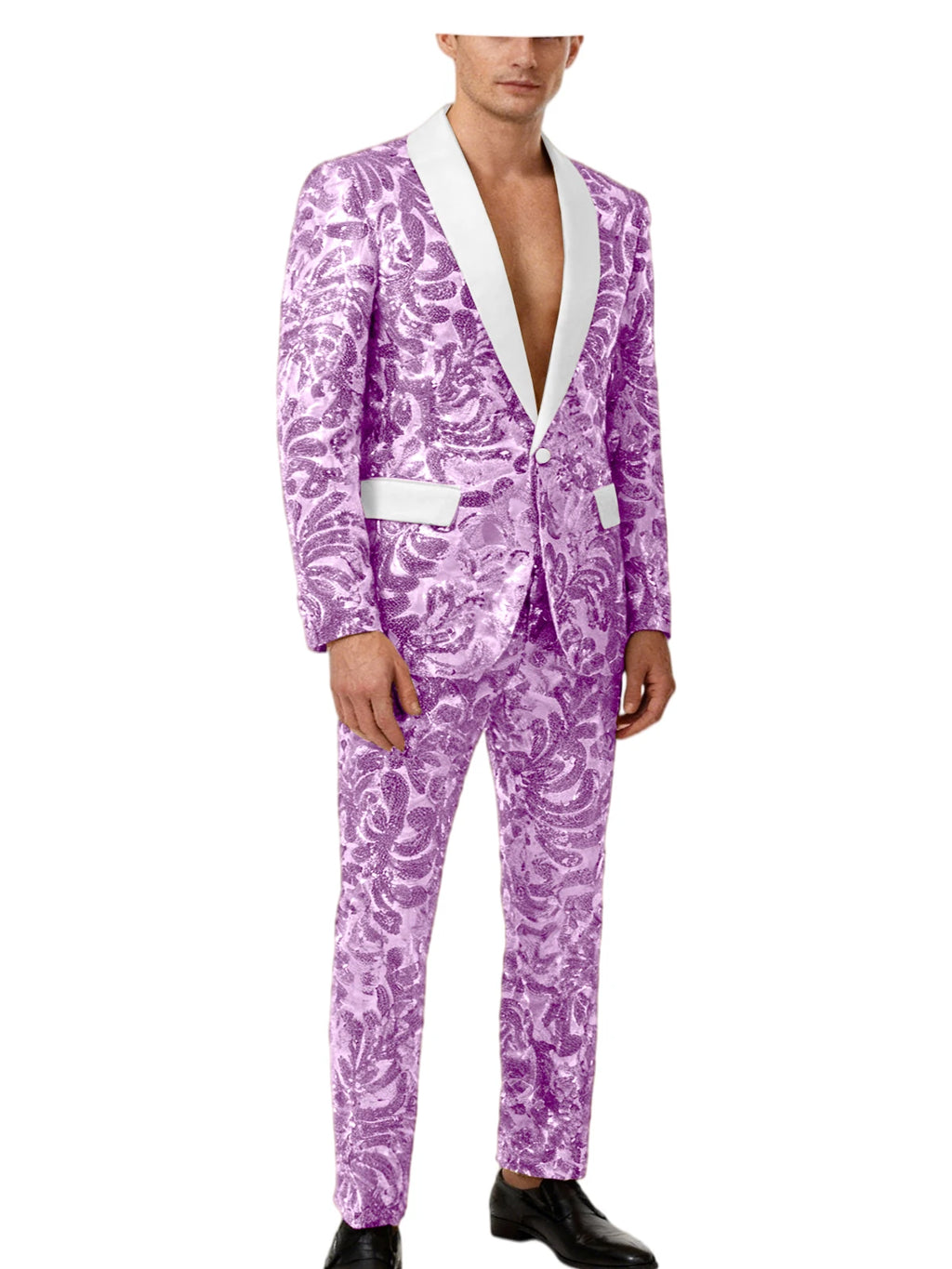 Men's Sequin Paisley Tuxedo Set Suit White Satin Shawl Lapel Slim Fit 2 Piece Blazer+Pants For Wedding Prom Party Suit Plus Size