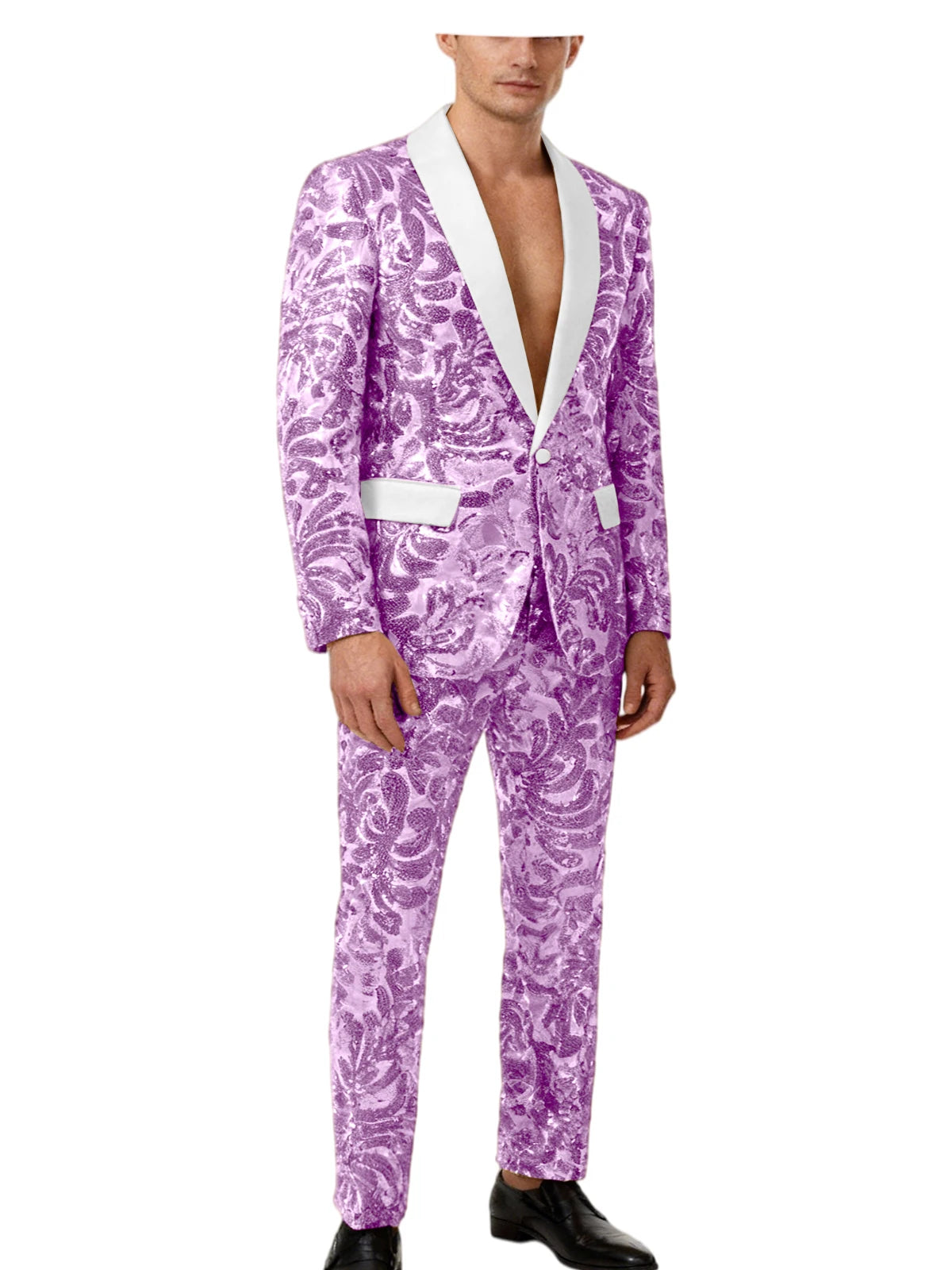 Men's Sequin Paisley Tuxedo Set Suit White Satin Shawl Lapel Slim Fit 2 Piece Blazer+Pants For Wedding Prom Party Suit Plus Size