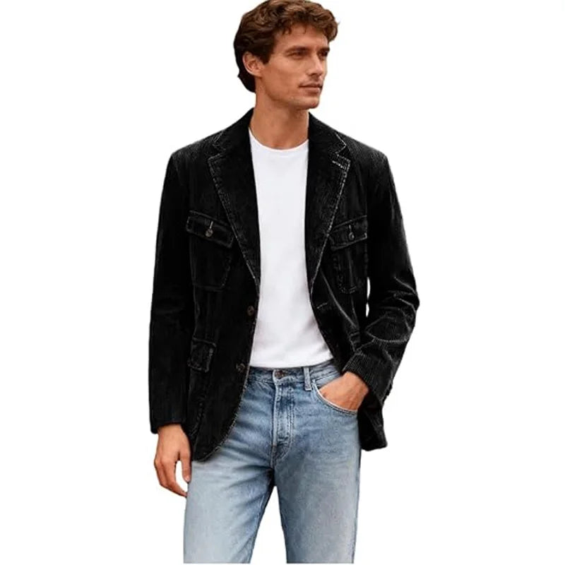 Vintage Men's Corduroy Casual Blazer Slim Fit Solid Color Black Brown Fashion Single Breasted Outerwear Customized Male's Jacket