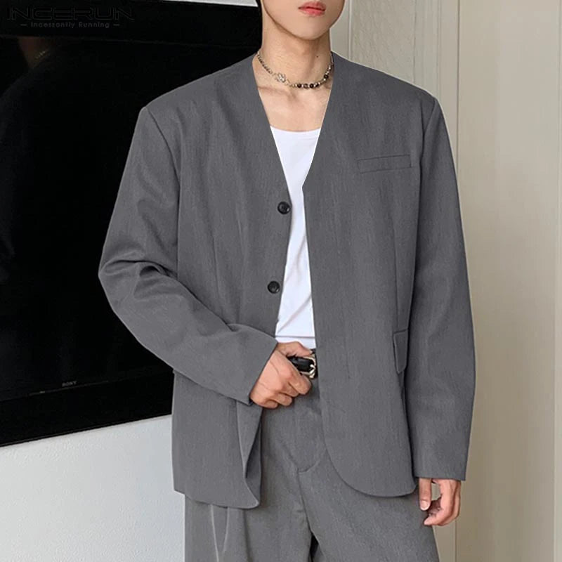 2025 INCERUN Men Blazer Autumn Korean Style Solid Suits Casual Button Long Sleeve Fashion Coats Oversize Streetwear S-5XL
