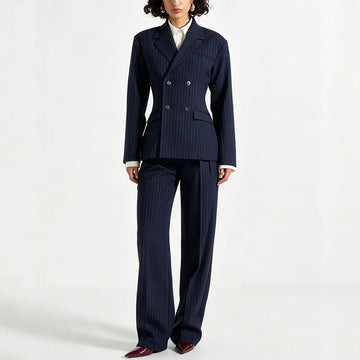 Elegant Double Breasted Stripe 2 Piece Suit For Women Blazer Wide Leg Pants Smart Casual Female Suits Conjuntos De Pantalone