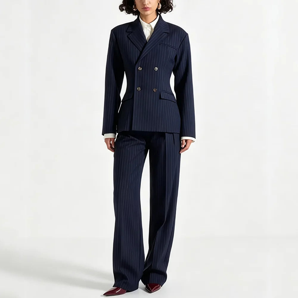 Elegant Double Breasted Stripe 2 Piece Suit For Women Blazer Wide Leg Pants Smart Casual Female Suits Conjuntos De Pantalone