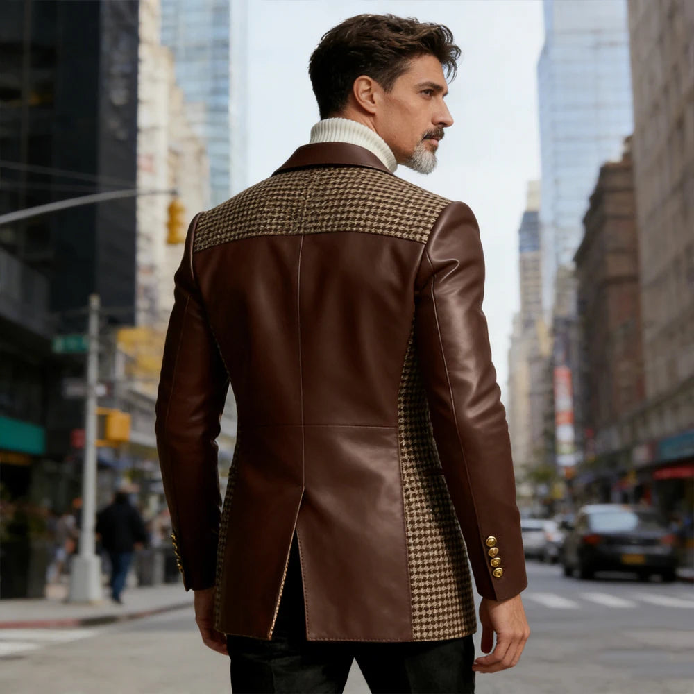 Men's Houndstooth Faux Leather Patchwork Blazer Jacket Double Breasted Peak Lapel Gold Button Slim Fit Suit For Business Casual
