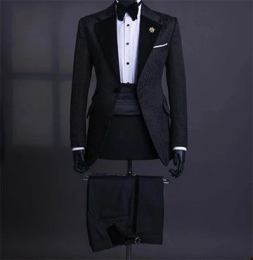 Jacquard Men Suit Set 2 Piece Blazer+Black Pants Trousers Wedding Tuxedo Groom Prom Coat Cotton Customized Formal Office Jacket