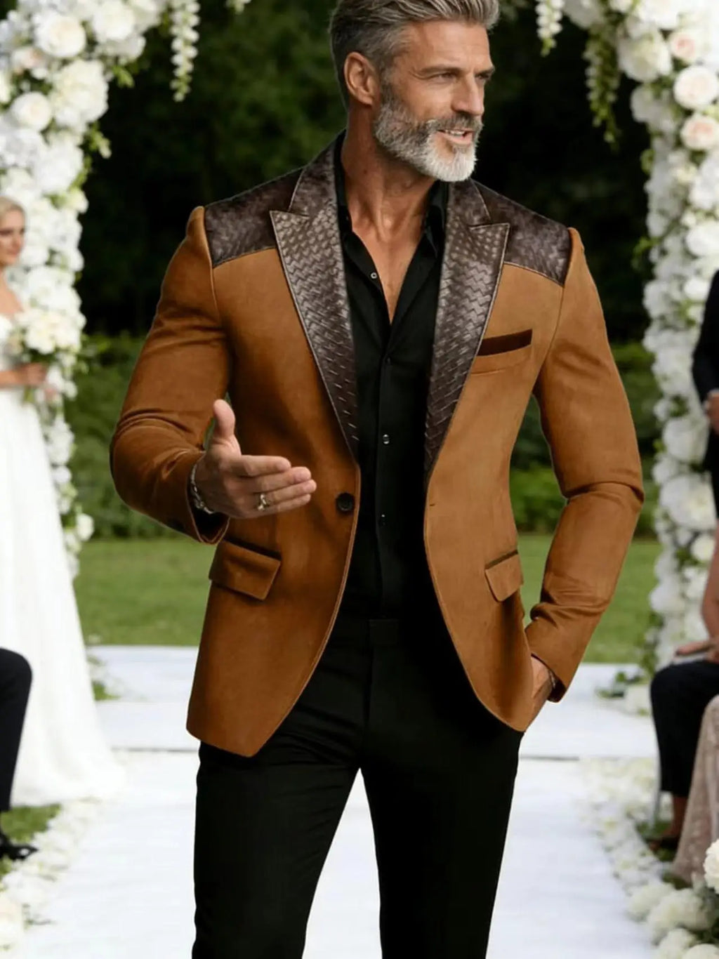 Men's Faux Suede Jacket with PU Leather Collar & Shoulder Two-Tone Blazer Contrast Trim Coat
