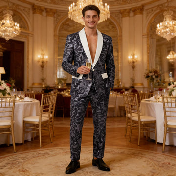 Men's Sequin Paisley Tuxedo Set Suit White Satin Shawl Lapel Slim Fit 2 Piece Blazer+Pants For Wedding Prom Party Suit Plus Size