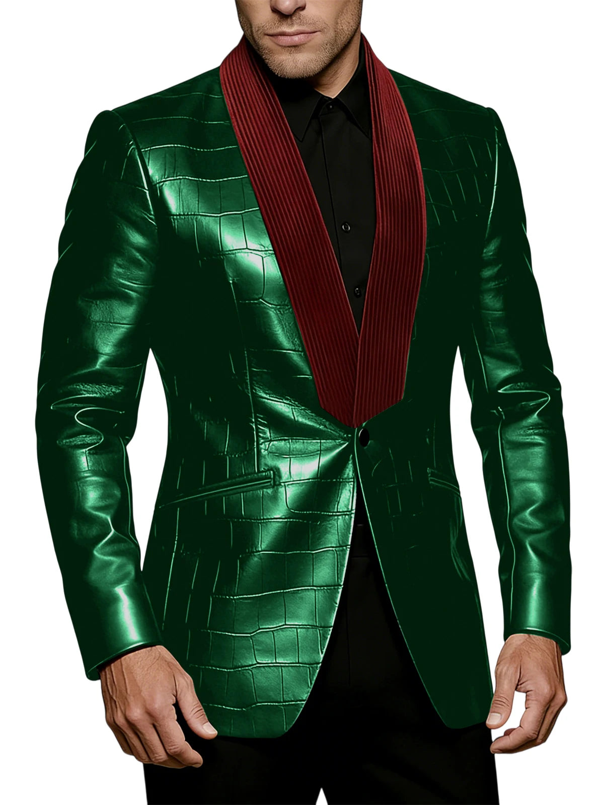 Men's Crocodile Pattern Leather Blazer Corduroy Patchwork 1 Button Shawl Collar Suit Jacket Slim Fit Business Formal Outerwear