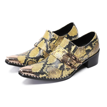 Brand men's leather shoes  double buckle snake skin high heels slip on soft loafers formal wedding and party dress shoes