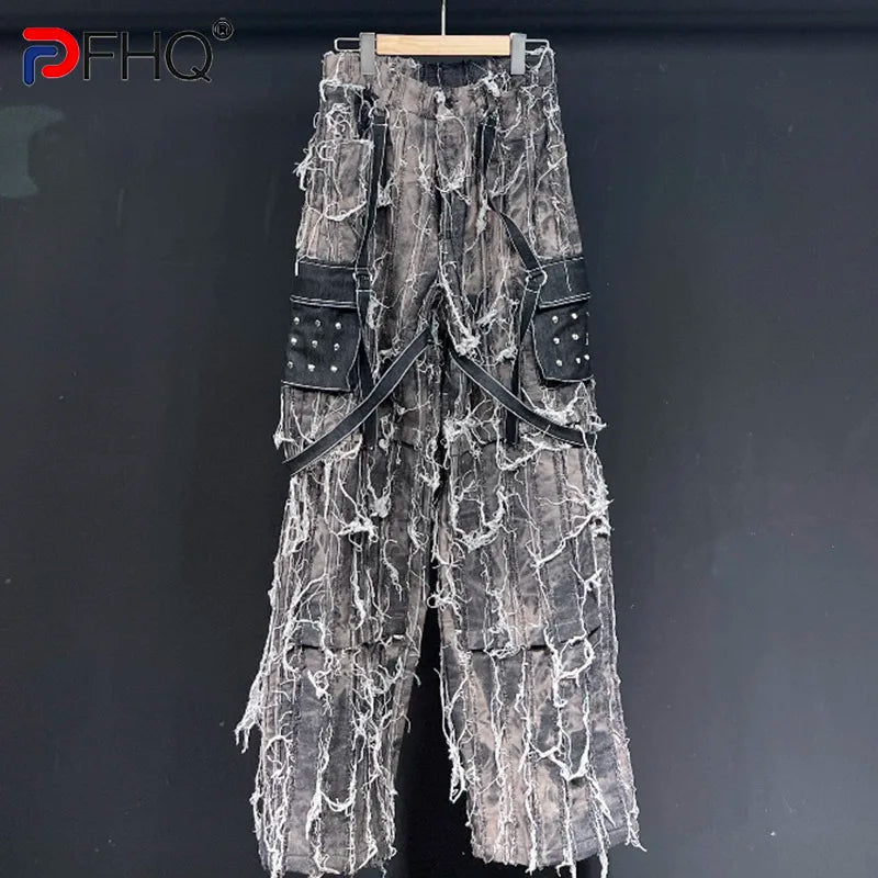 PFHQ Men's Heavy Industry Mud Dyed Rivet Jeans Spliced Straight Long Stacked Micro Flared Wide Leg Handsome Denim Pants 21Z2243