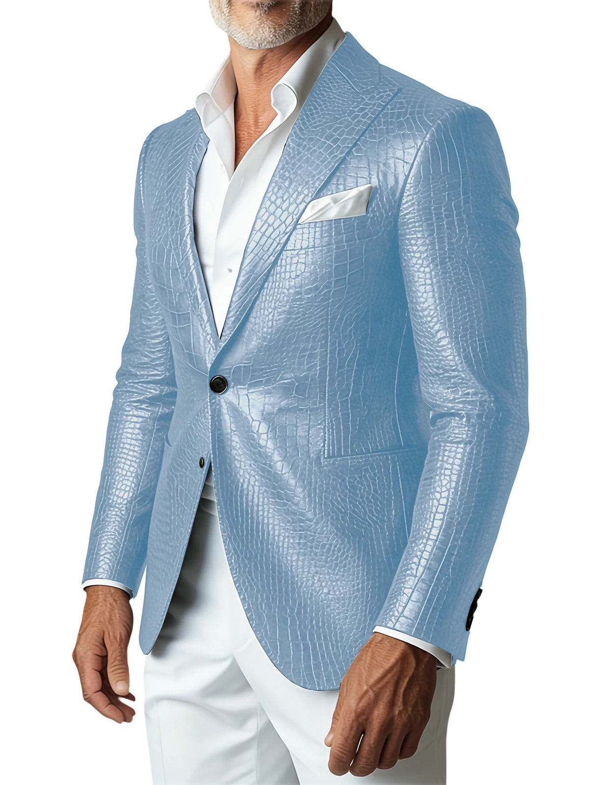 Men Elegant Brown Crocodile PU Leather Blazer Shawl Lapel Long Sleeve Pocket With Belt Business Casual Male Fashion Suit Jacket