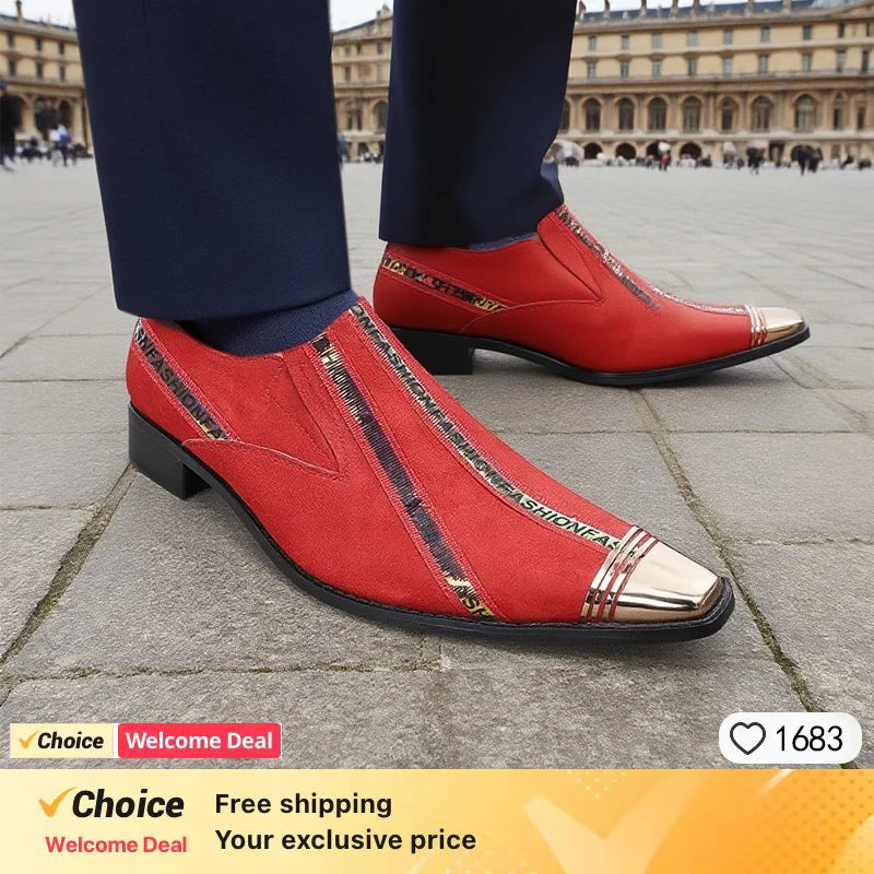 new arrival red genuine leather pointed toe metal tip crystal  handmade men leather dress shoes fashion hairdresser shoes