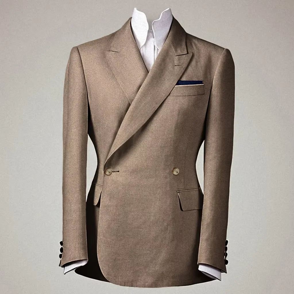 Elegant Men's Linen Cotton Blazer Double Breasted Slim Fit Peak Lapel Breathable Wrinkle Resistant Summer Sport Coat For Wedding