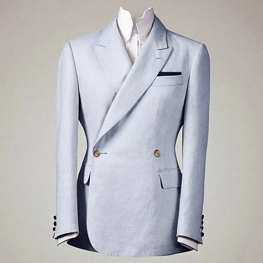 Elegant Men's Linen Cotton Blazer Double Breasted Slim Fit Peak Lapel Breathable Wrinkle Resistant Summer Sport Coat For Wedding