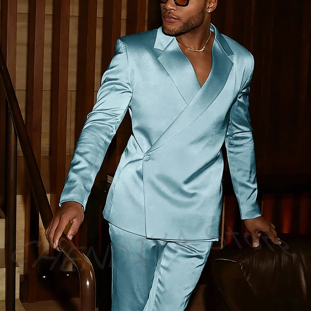 Fashion Notch Lapel Satin Men Suit High Quality Single Button Slim Fitted Outfit Jacket Pants Model Show Party Prom Male Set