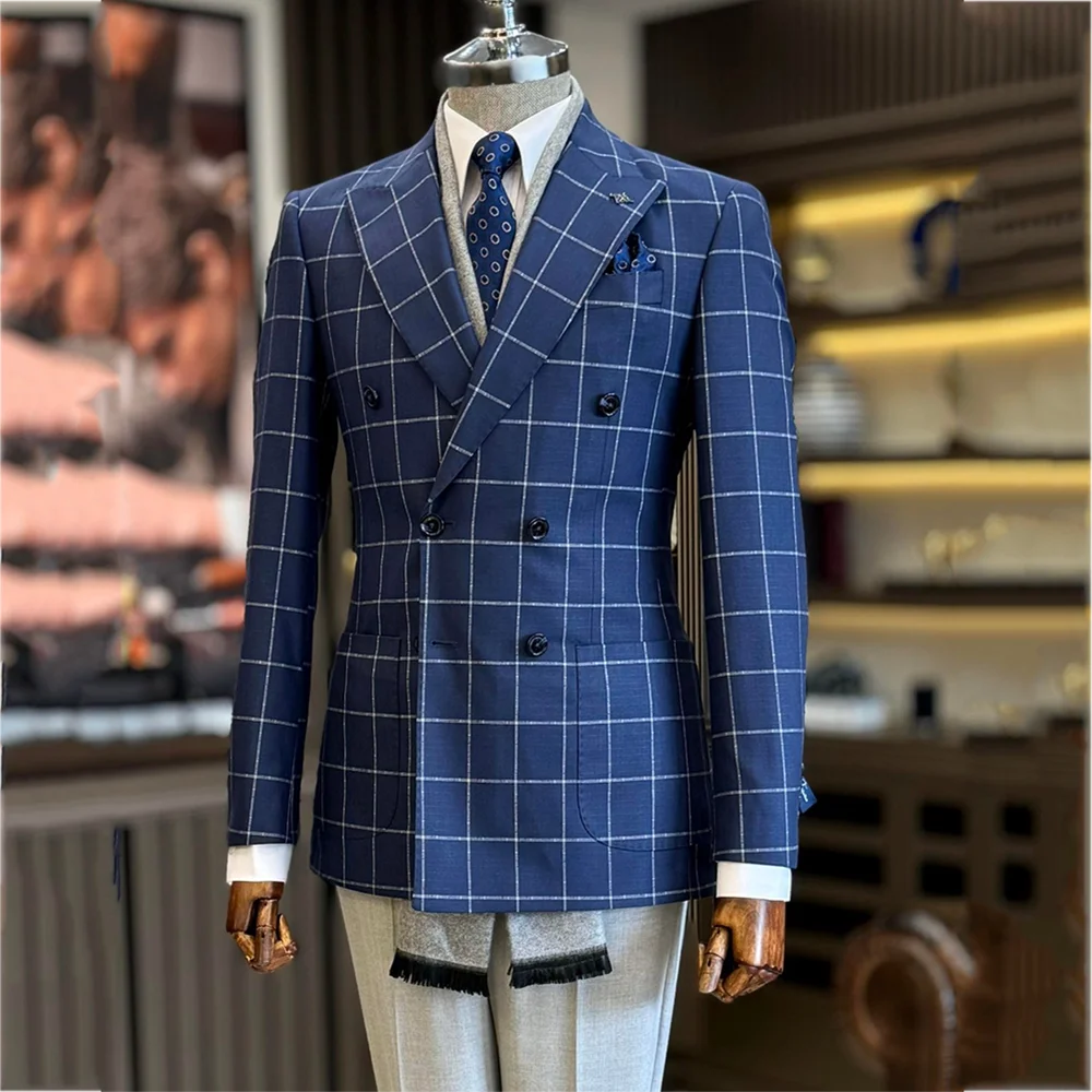 Customized Full Men's Suit Stylish Plaid High Quality Peaked Lapel Double Breasted Business Office Casual Blazer Set Two Pieces