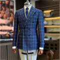 Customized Full Men's Suit Stylish Plaid High Quality Peaked Lapel Double Breasted Business Office Casual Blazer Set Two Pieces