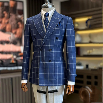 Customized Full Men's Suit Stylish Plaid High Quality Peaked Lapel Double Breasted Business Office Casual Blazer Set Two Pieces