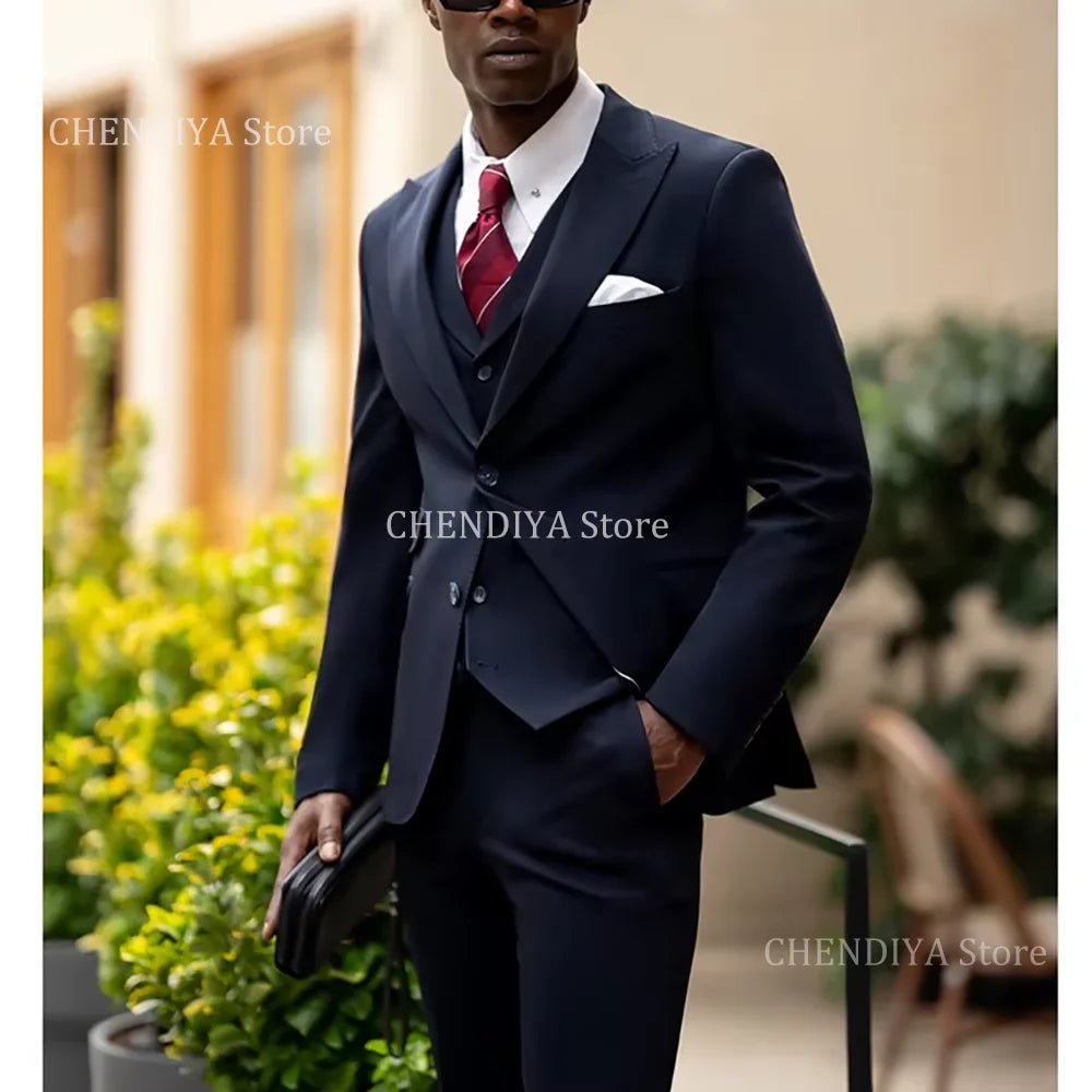 Navy Blue Men Suits Fashion Peak Lapel Single Breasted Tuxedo Special Occasion Business Meeting Formal Outfits Jacket Pants Vest