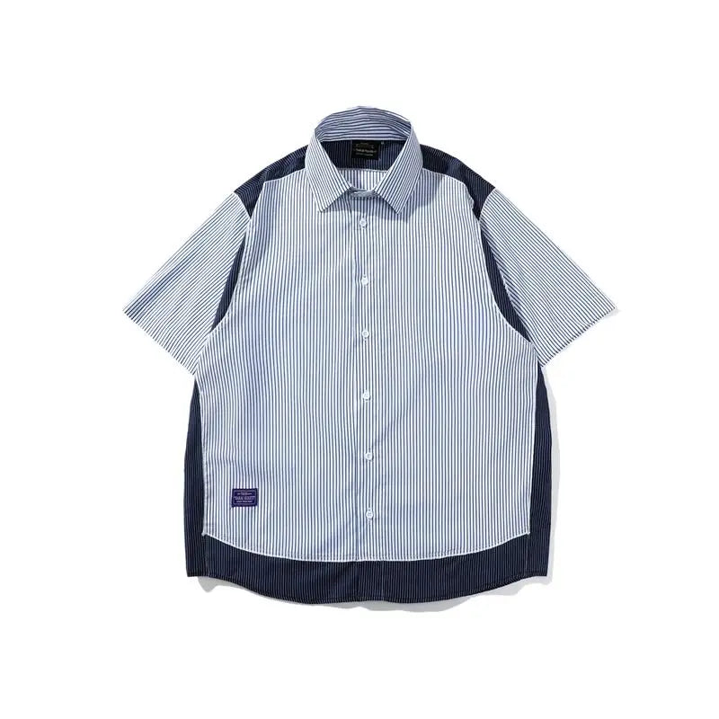 Summer Japanese Striped Short-sleeved Shirt Men's Contrasting Color Loose Splicing Fake Two-piece Jacket