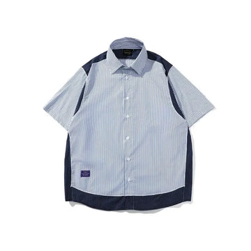 Summer Japanese Striped Short-sleeved Shirt Men's Contrasting Color Loose Splicing Fake Two-piece Jacket