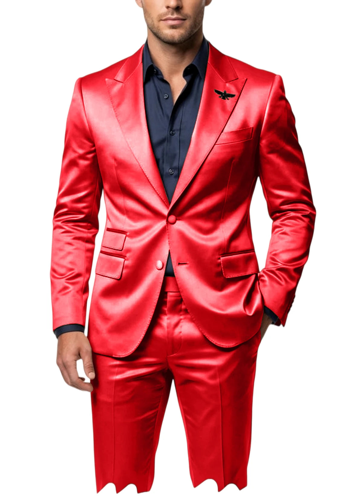 Men's Satin 2-Piece Suit Set Slim Fit Peak Lapel Tuxedo Blazer With Straight Leg Pants For Wedding Party Formal Wear