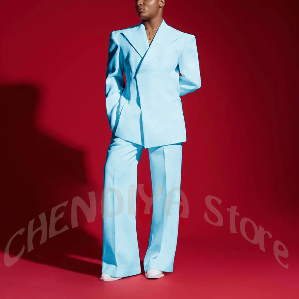 Elegant White Men Suit Peak Lapel Handsome Casual Male Clothing Two Pieces Jacket Pants Banquet Party Suits Set Straight