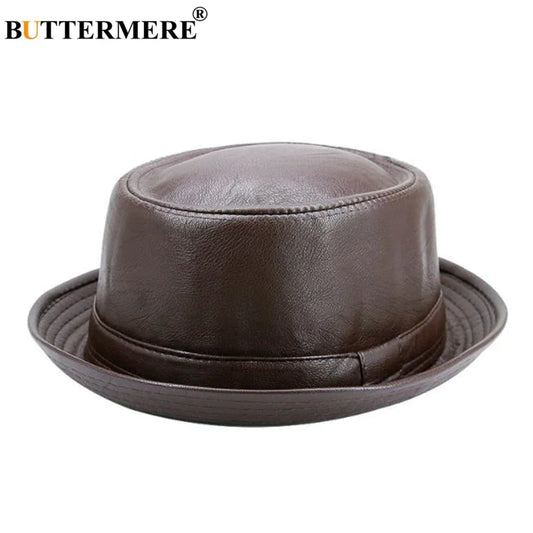 BUTTERMERE Men Black Leather Trilby Hat Male Fedora Cap Retro Women Autumn Brand Porkpie Hat Men's Vintage Jazz Hats