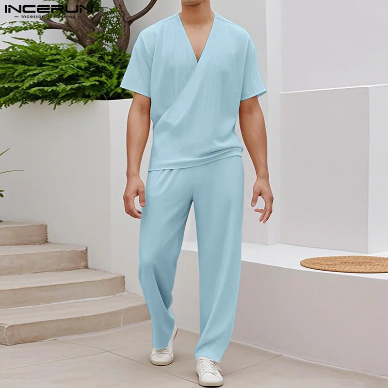 INCERUN Men Sets Solid Color V Neck Short Sleeve T Shirt & Pants Two Pieces Sets Summer Streetwear 2025 Loose Fashion Men Suits