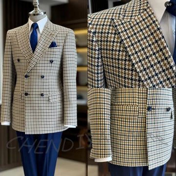Men Suit Herringbone Peaked Lapel Prom Suit Wedding Groom 2 Piece Set Double Breasted Formal Occasion Party Male Jacket Pants