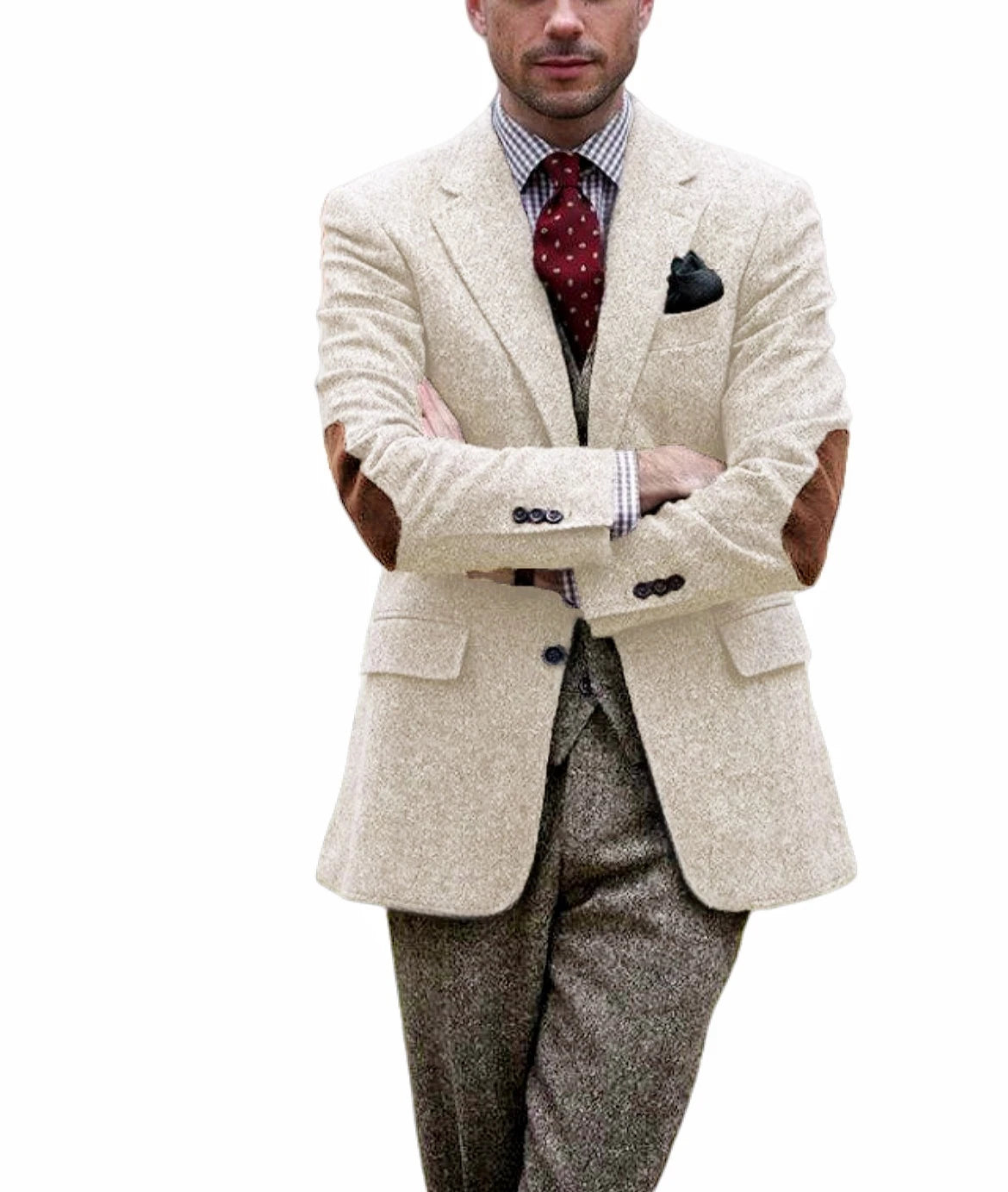 Men's Tweed Blazer Notched Lapel Wool Blend With Elbow Patches Casual Suit Jacket For Business Wedding Daily Wear Party
