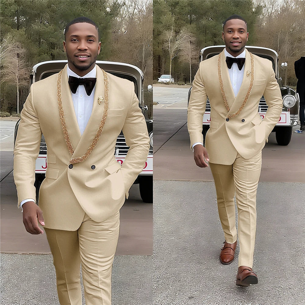 Handsome Men's Suits Double Button Shawl Lapel Solid Color Outfit Man Set 2 Piece Casual Daily Office Prom Male Clothing