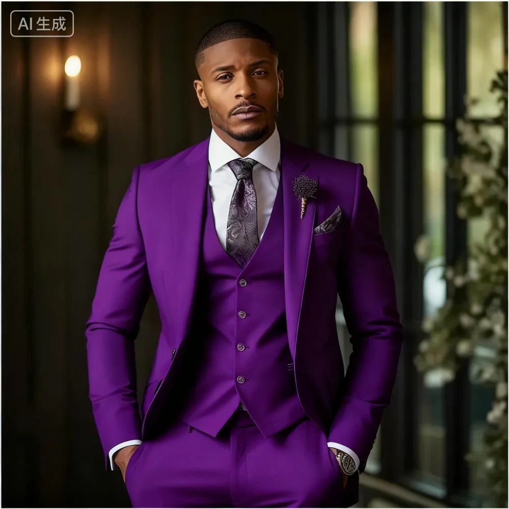 Green Emerald 3-Piece Men's Formal Tuxedo Elegant Jacket with Notched Lapel + Vest + Pants Wedding Groomsmen Smoking Suit