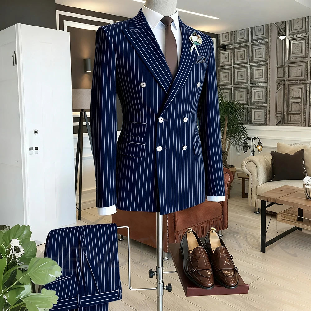Brown Striped Men Suits Double Breasted Formal Outfits 2 Piece Male Clothing Business Casual Tailored Party Prom Jacket Pants