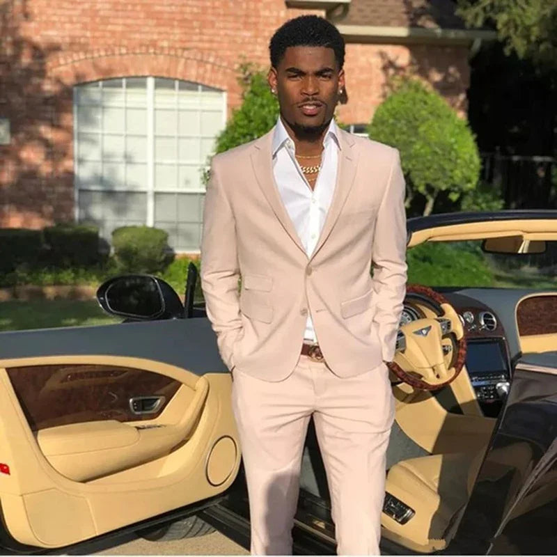 2 Piece  Beige Men's Wedding Suits Double Pocket Two Buttons Notch Lapel Blazer Coat Pants Groom Dinner TuxedosBusiness Suits