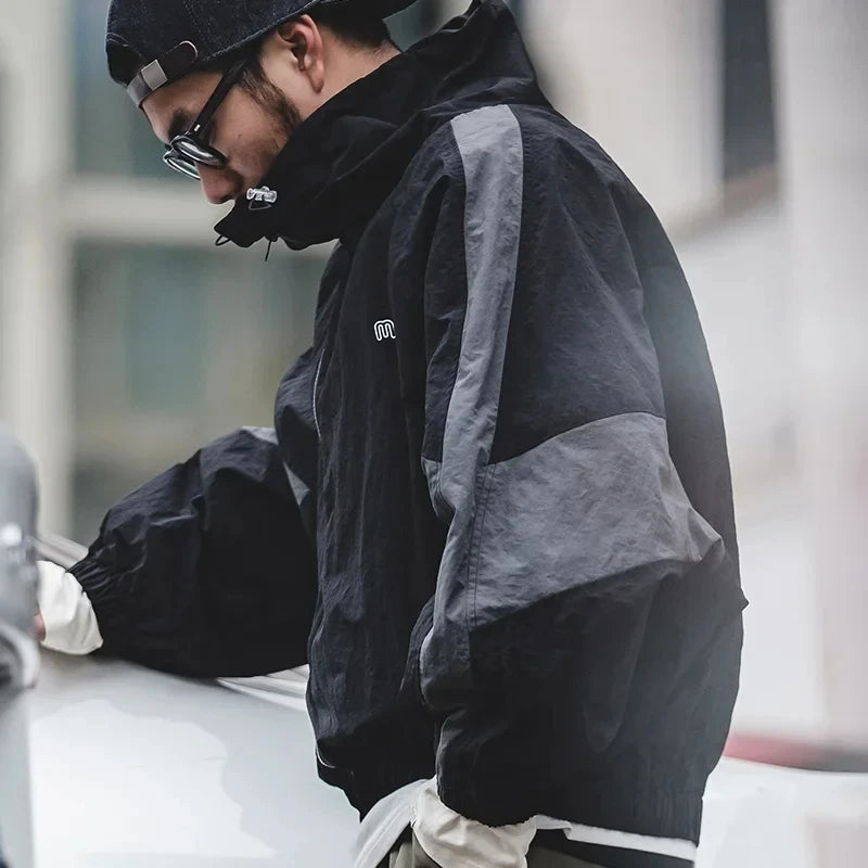 Maden Casual Detachable Double Zipper Patchwork Jackets Stand-up Collar Loose Fit Letter Jacket For Men's Spring and Fall Coat