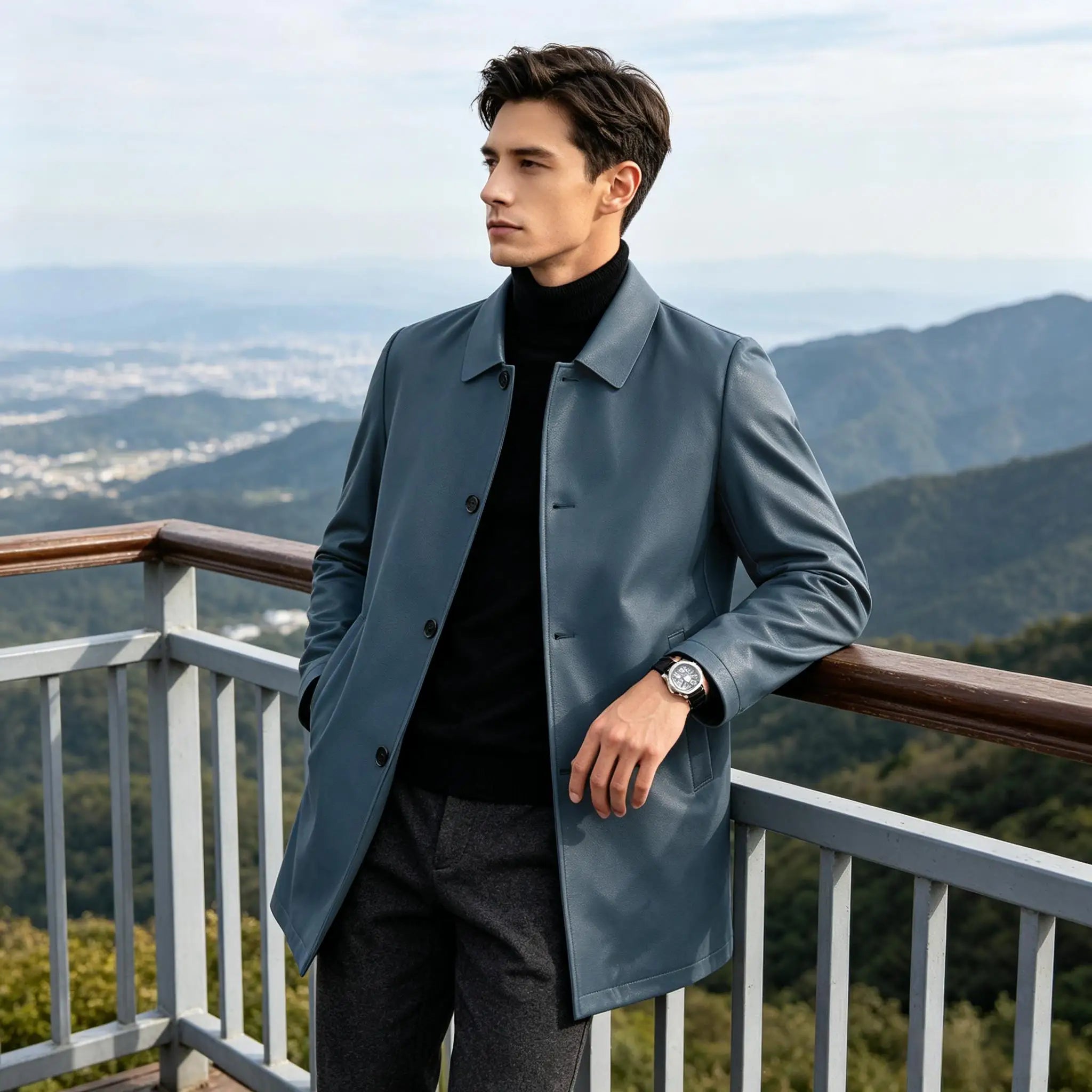 Men Premium Leather-Like Trench Coat Turn-Down Collar Single Breasted Mid-Length Overcoat Classic Slim Fit Business Casual Wear