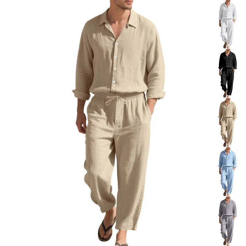 2025 Four Seasons Linen Men's Suit Casual Fashion Loose-Fitting Long Sleeves Shirt+Trousers2Set Beach Vacation Leisure Essential