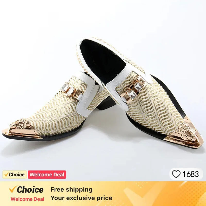 New White Men Leather Shoes Luxury Design Metal Buckle Decor Genuine Leather Pointed Toe Party Business Wedding Shoes