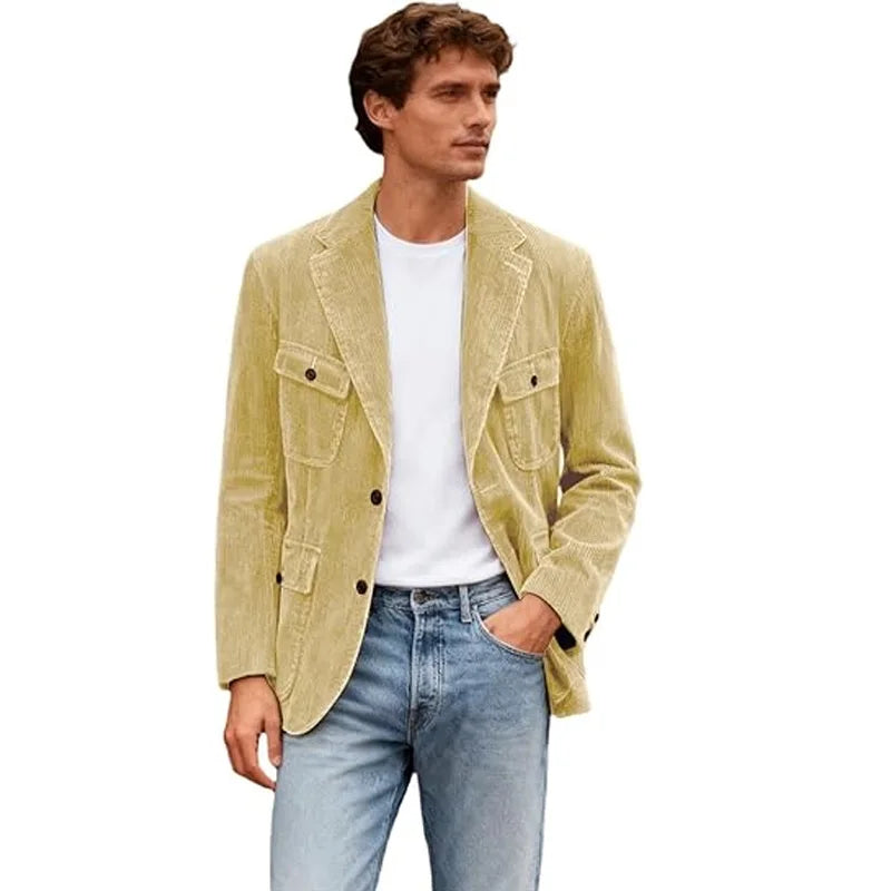 Vintage Men's Corduroy Casual Blazer Slim Fit Solid Color Black Brown Fashion Single Breasted Outerwear Customized Male's Jacket