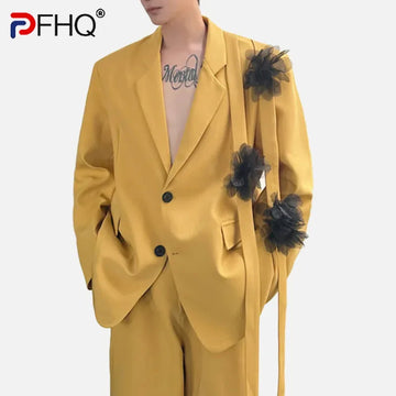 PFHQ Contrast Color Men's Two-piece Ribbon Mesh Floral Single Breasted Blazer Straight Wide Leg Suit Pant Niche Design 9C8190