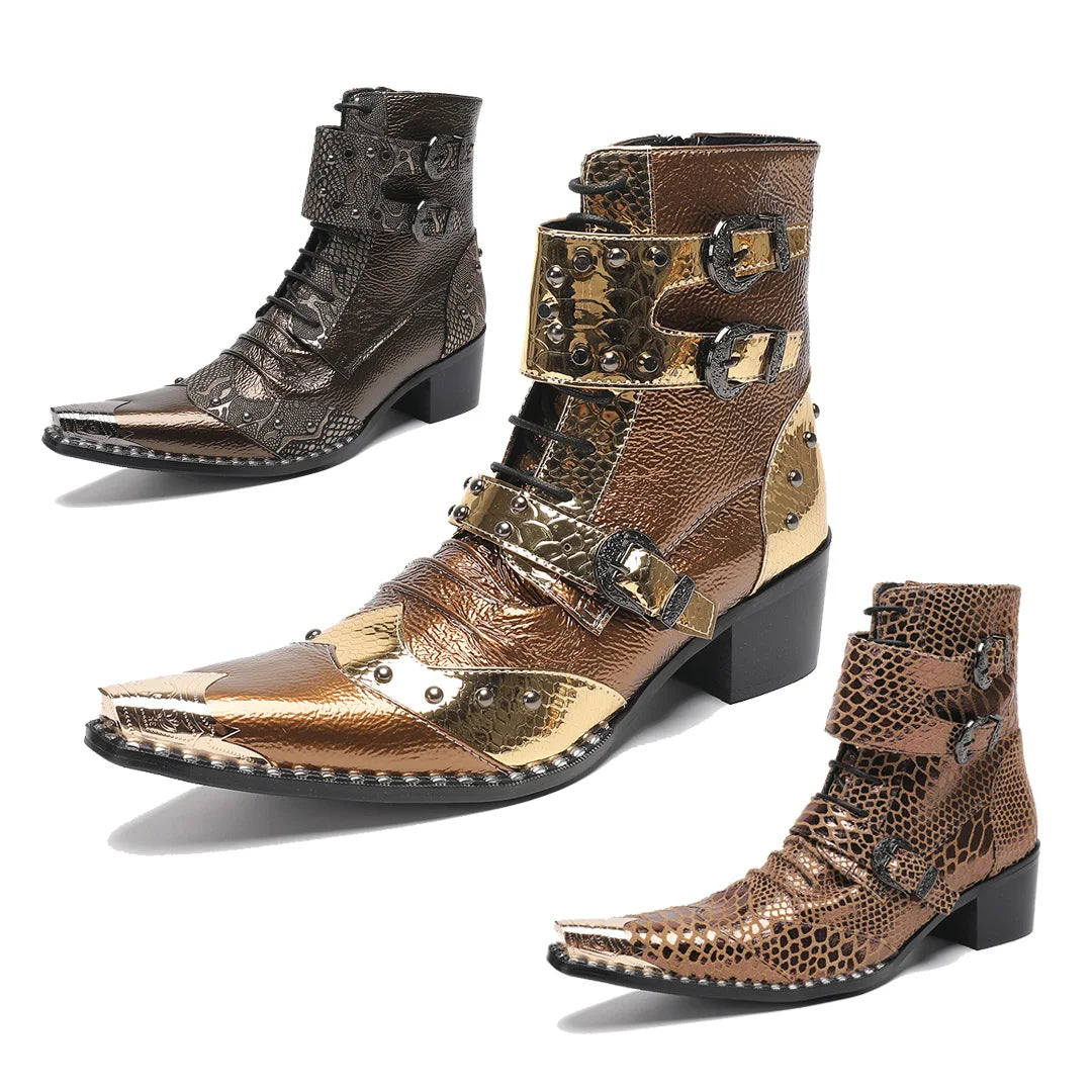Mid Heeled Ankle Boots  Double Button Denim Boots British Metal Pointed Men's Shoes Snake Skin Printed Lace Up Ankle Boots