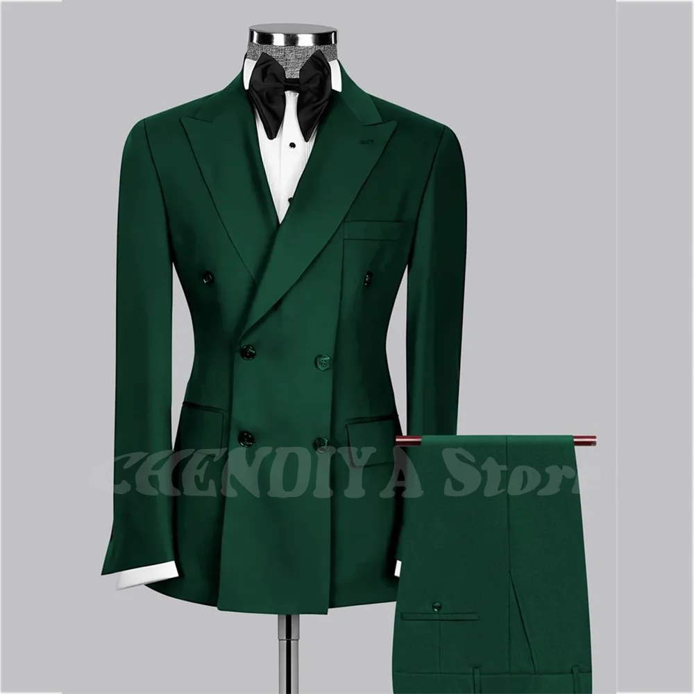 Peaked Lapel Slim Men's Suit High Quality Outfit Blazer Set Double Breasted Pleat Business Casual Formal Wedding Clothes