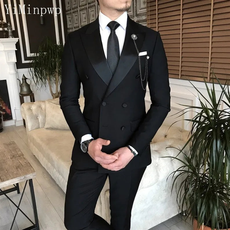 Ternos de casamento pretos para homens, pico de lapela de lapela de peito duplo blazer noivo Tuxedos figurino mariage homme 2 peças jaqueta+calça