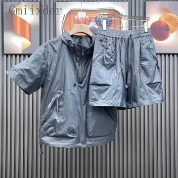 Summer Men's Hooded Lightweight Short-sleeved Suit Loose Ultra-thin Breathable Jacket Shorts Two-piece Couple Suit Men Urban