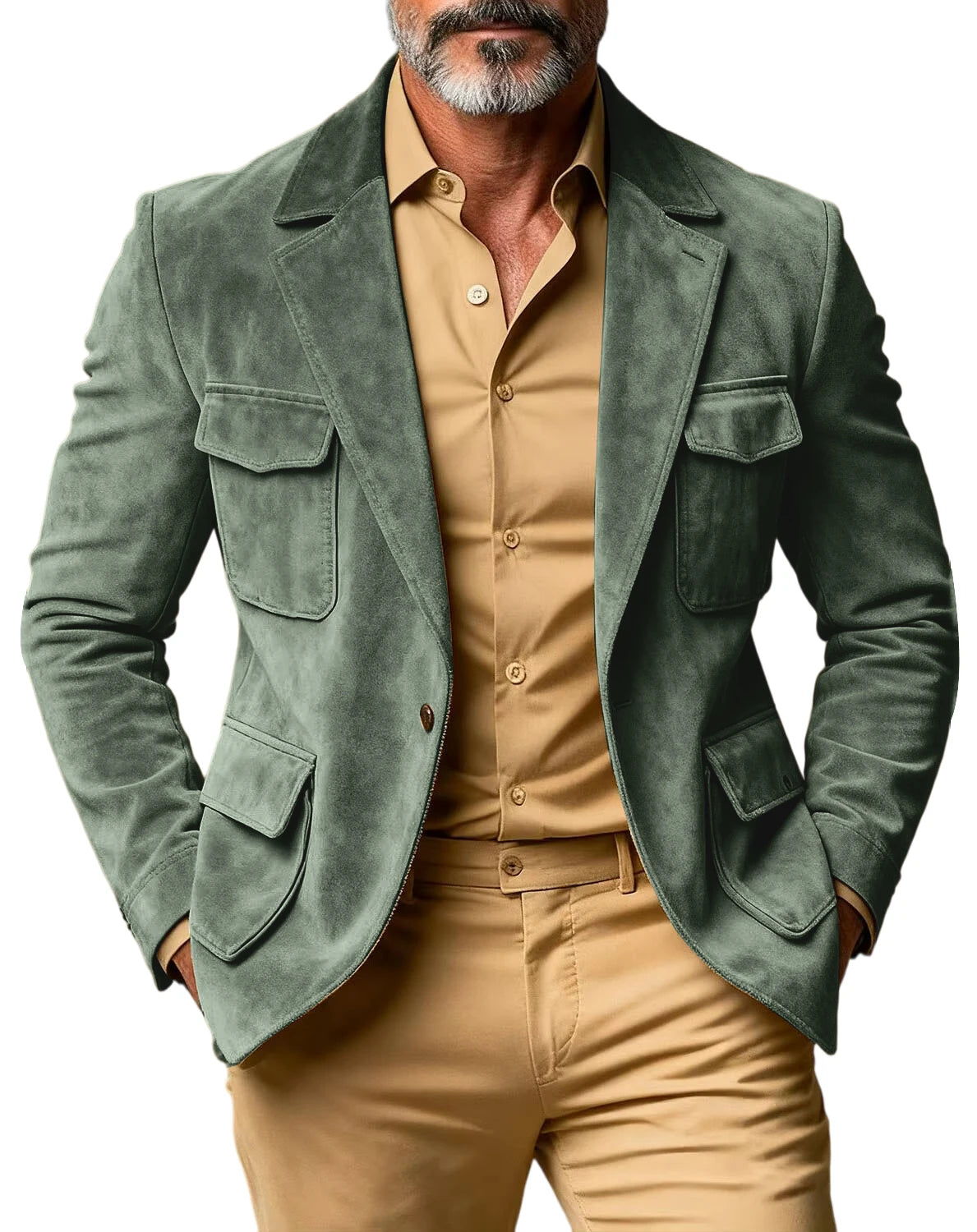 Men's Suede Safari Blazer Slim Fit Notch Lapel Multi-Pocket Hunting Jacket Autumn Winter Casual Business Sport Coat